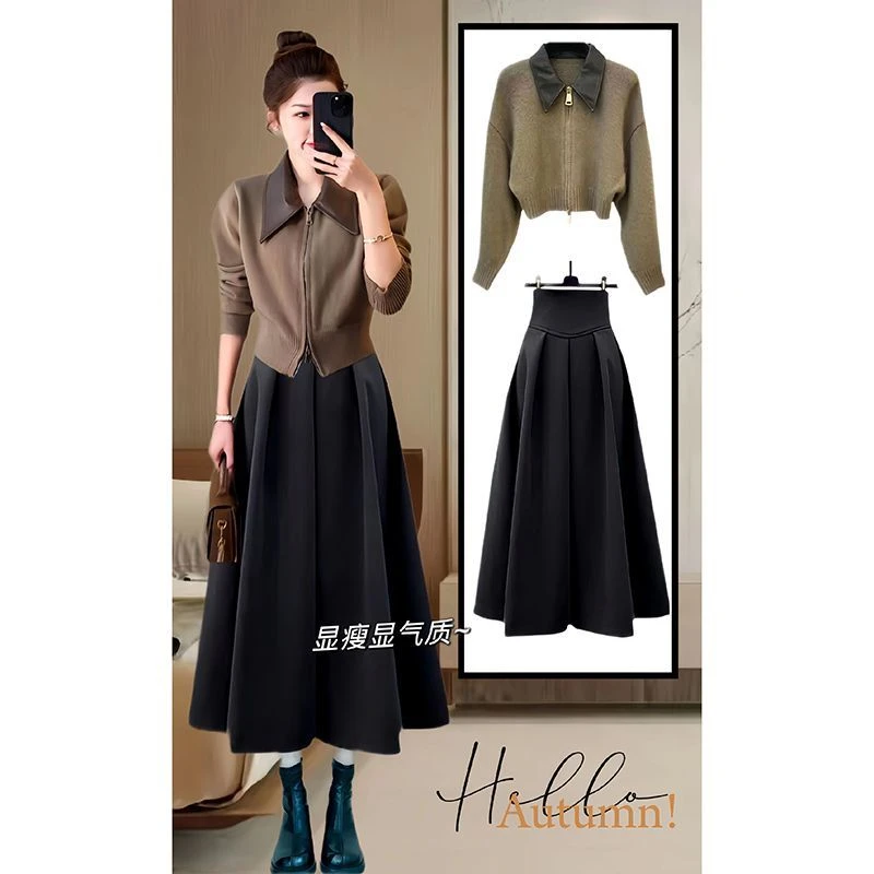 秋冬一整套女2023新款Polo领双拉链针织毛衣显瘦a字半身裙两件套