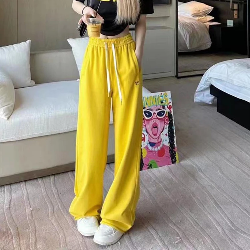 清仓多巴胺黄色运动女春秋季2025新款直筒宽松卫裤休闲拖地阔腿裤