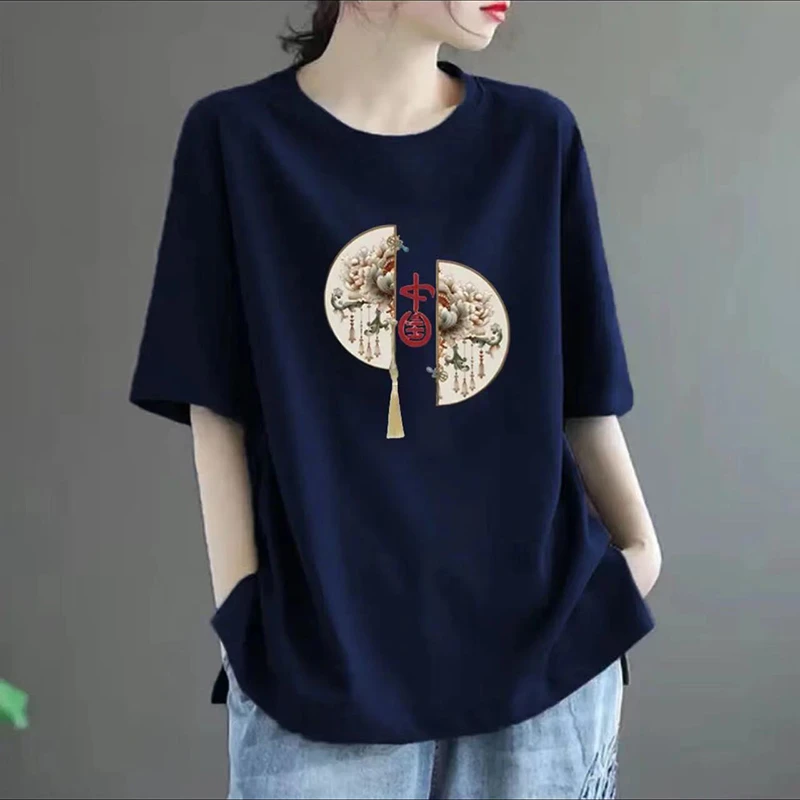 夏季新款国潮风纯棉T恤洋气显瘦时尚百搭气质宽松新中式圆领上衣