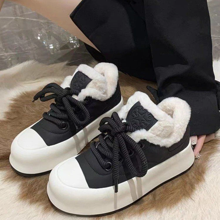 毛毛鞋欧洲站百搭年秋冬加绒保暖棉鞋厚底板鞋女休闲鞋子欧货加厚