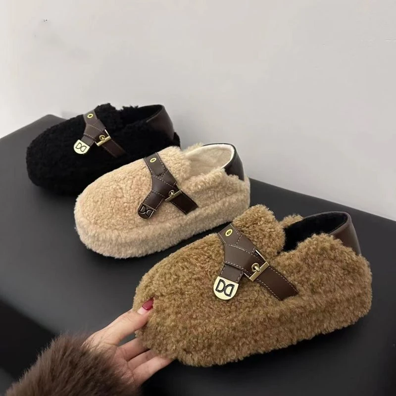 复古设计感皮带扣棉拖鞋女百搭冬季新款加绒厚底毛毛拖鞋一式两穿