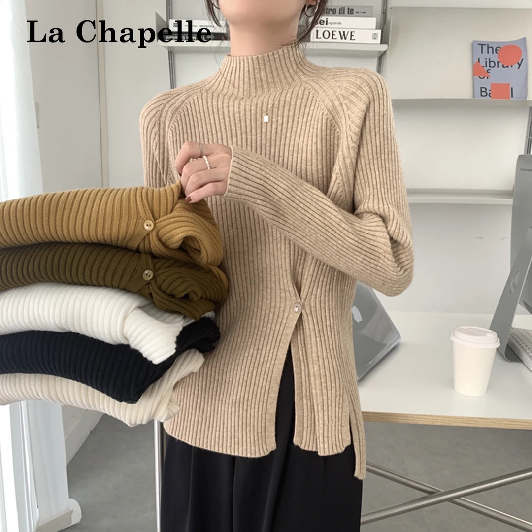 拉夏贝尔半高领毛衣女秋冬宽松慵懒风开叉小心机设计感内搭针织衫
