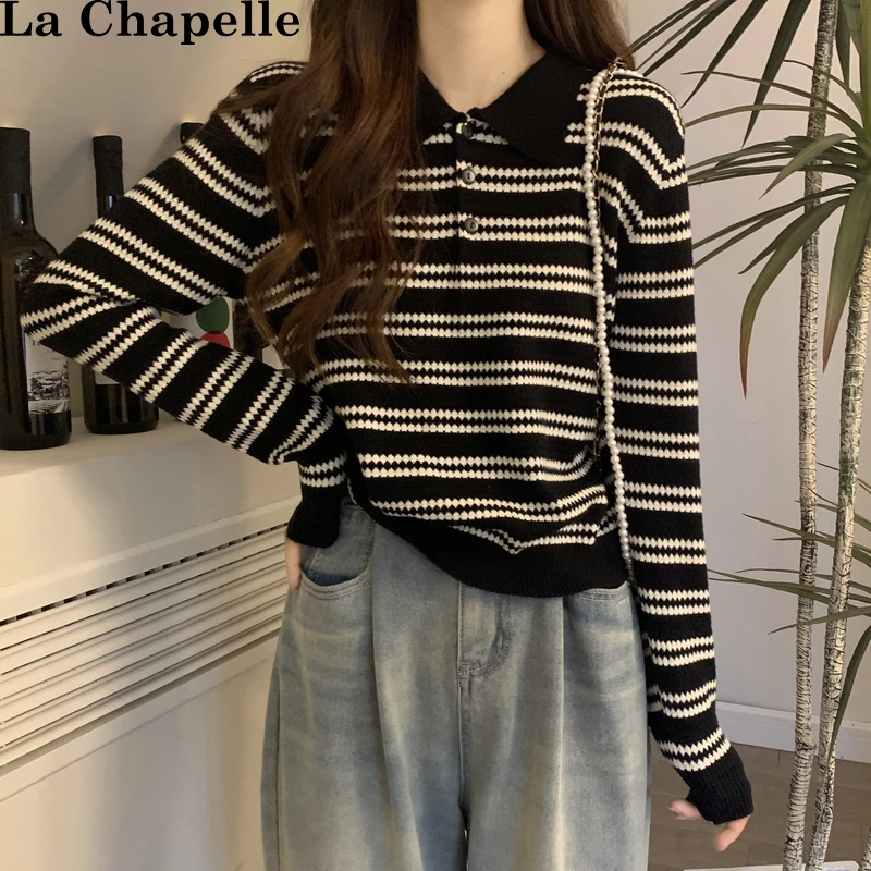 拉夏贝尔套头长袖针织衫秋冬大码女装学院风气质条纹polo领毛衣
