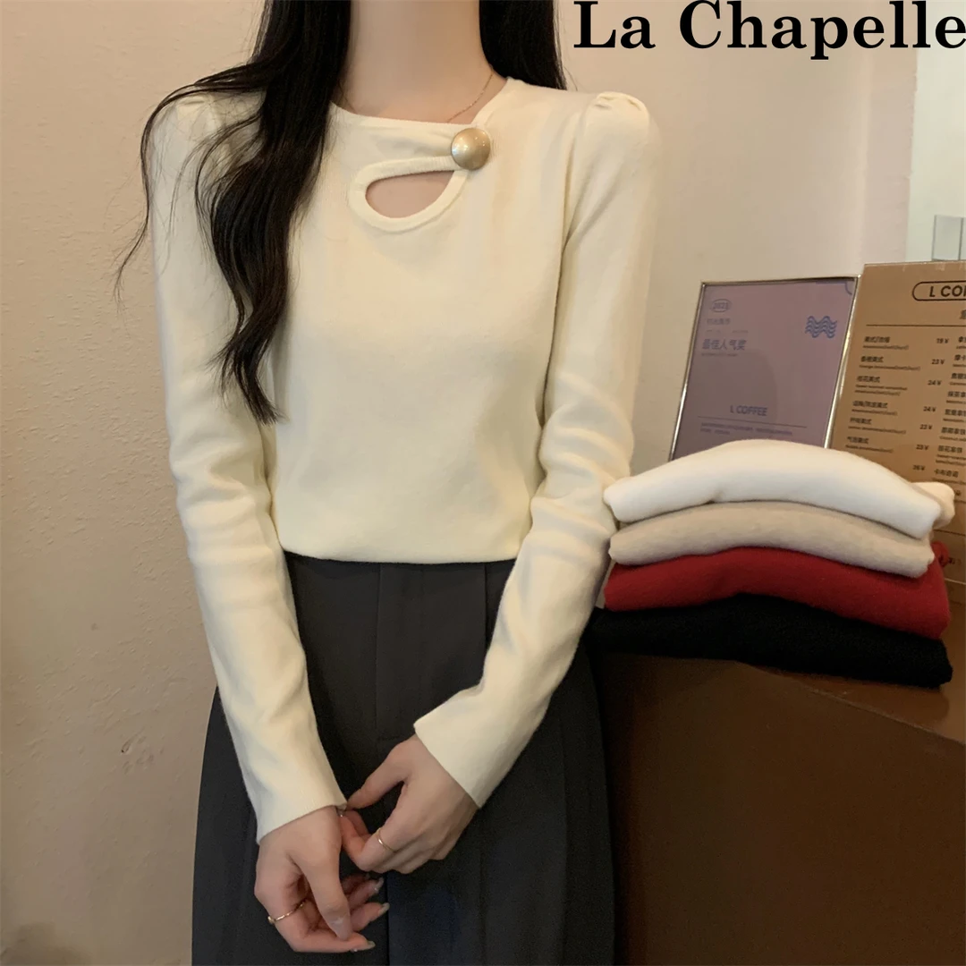 拉夏贝尔金属扣安迪绒针织衫女秋冬款韩版气质镂空百搭设计感毛衣