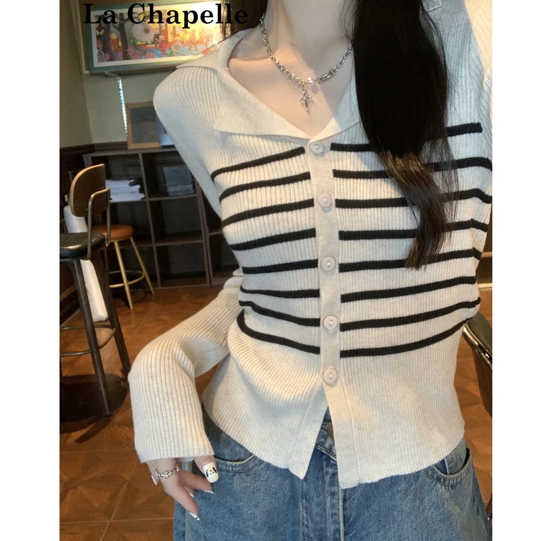 拉夏贝尔polo领毛衣女秋冬韩版复古修身显瘦条纹百搭毛衣开衫外套