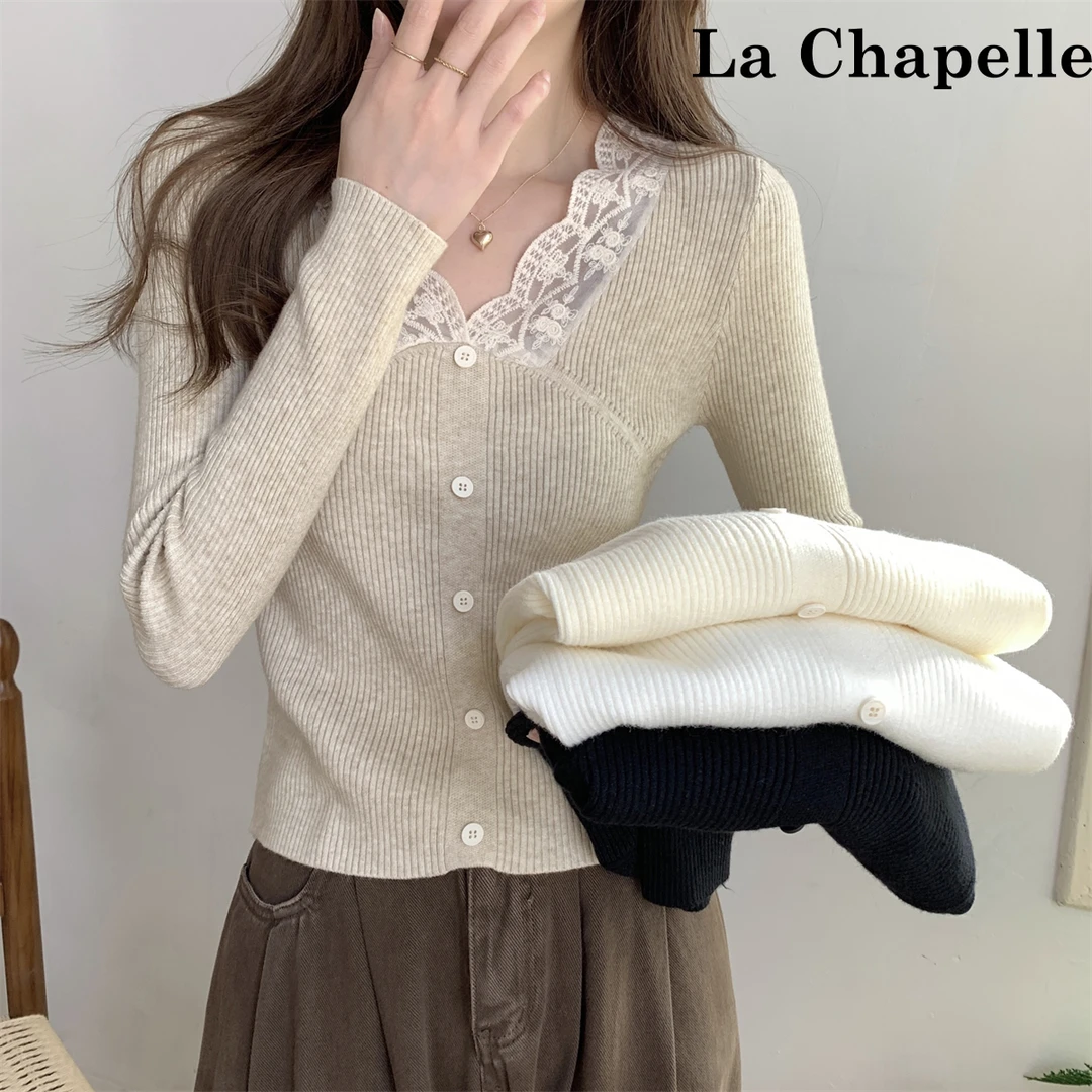 拉夏贝尔V领长袖针织衫2023秋季修身温柔蕾丝拼接内搭针织毛衣女