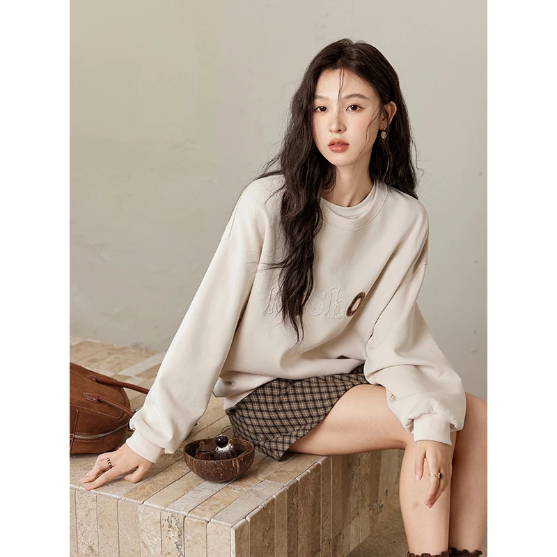 谜秀纯色韩系长袖卫衣女2024秋季新款运动休闲感半裙优雅时尚气质