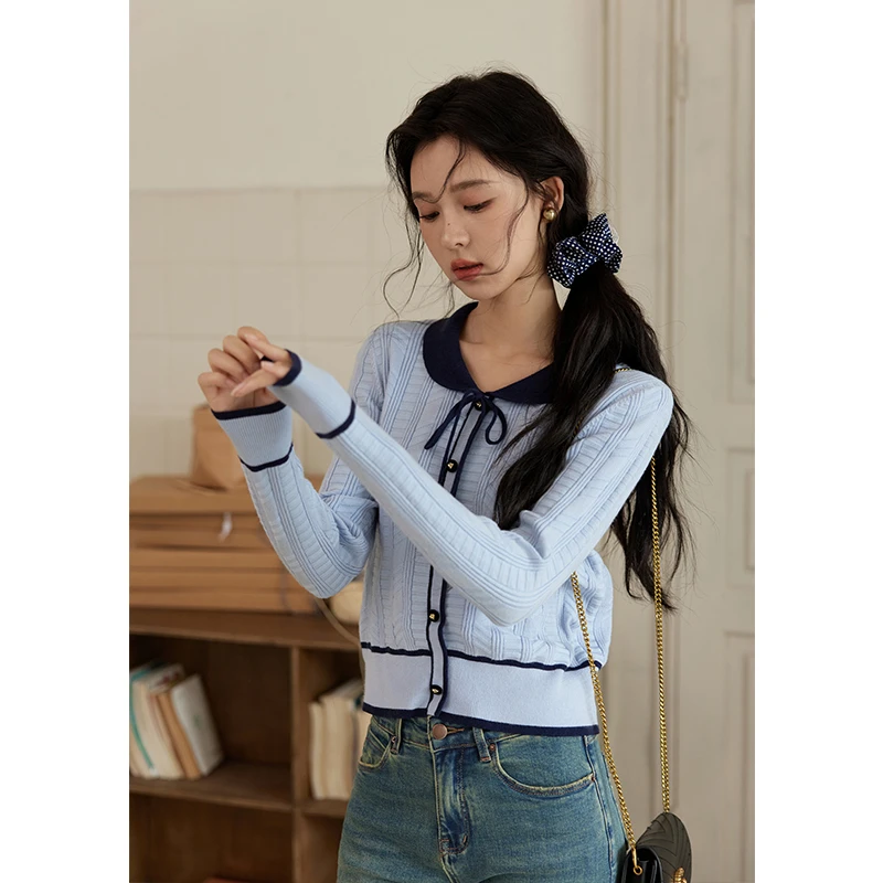 谜秀【年末大促】新品设计感撞色复古娃娃领针织衫2024秋季减龄