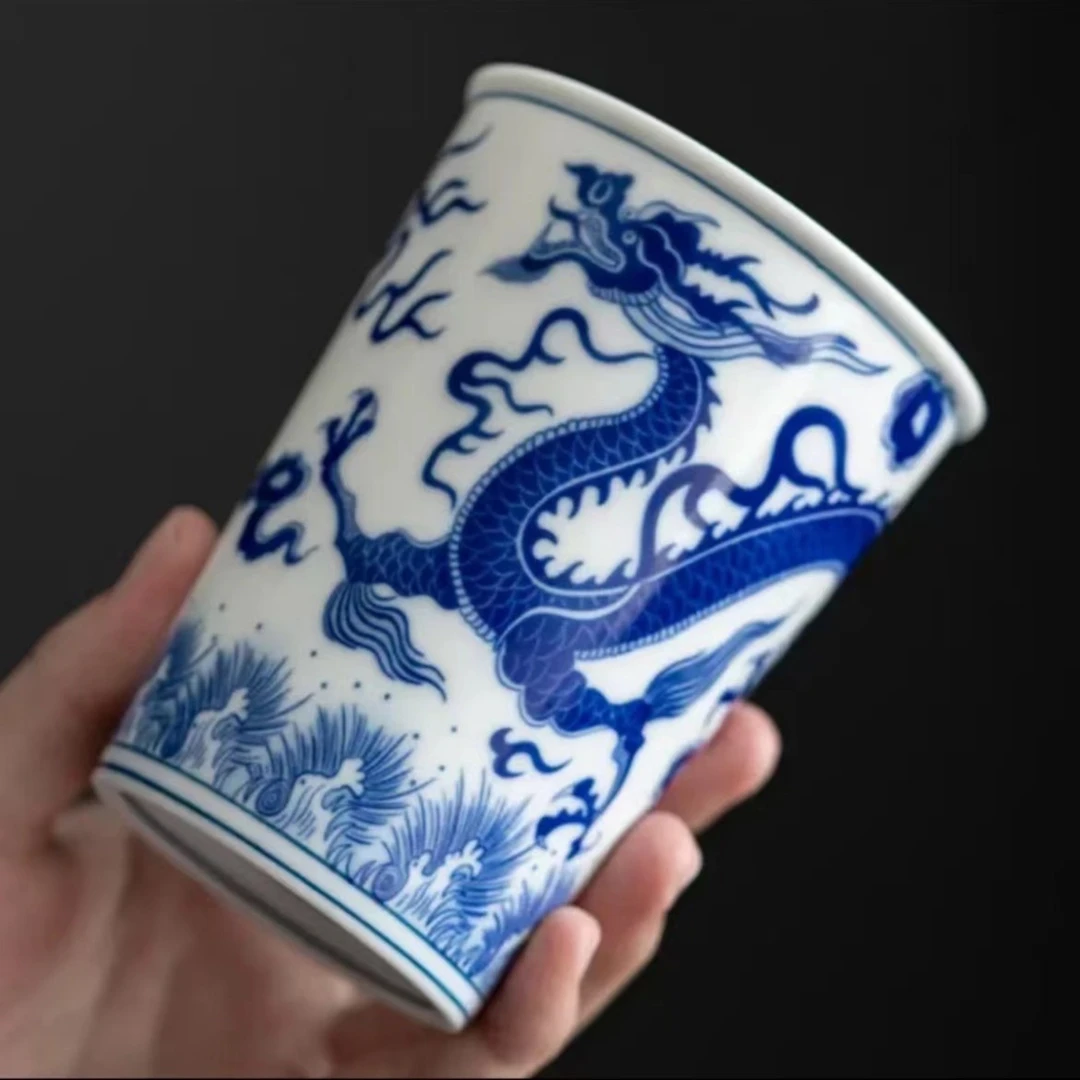 龙凤呈祥青花水杯复古可乐杯家用青花纹单个水杯陶瓷茶杯主人杯