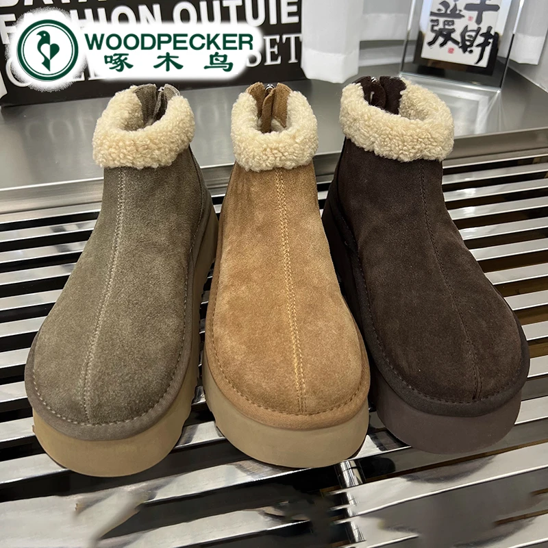 啄木鸟欧洲站翻毛皮松糕厚底加绒短靴圆头百搭保暖雪地靴面包棉鞋