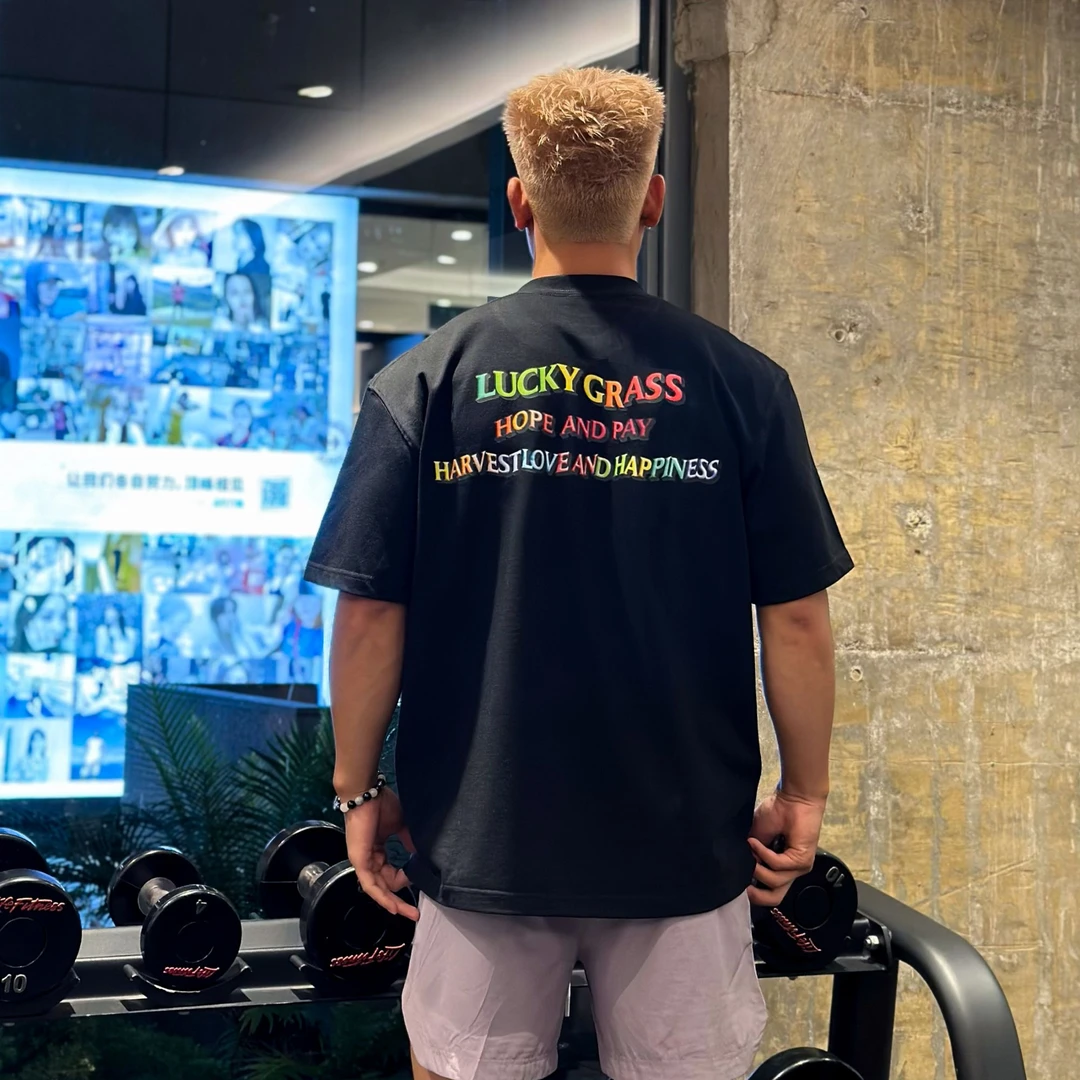 Satjdm运动短袖纯棉T恤健身跑步训练休闲重磅短袖国潮[幸运草]