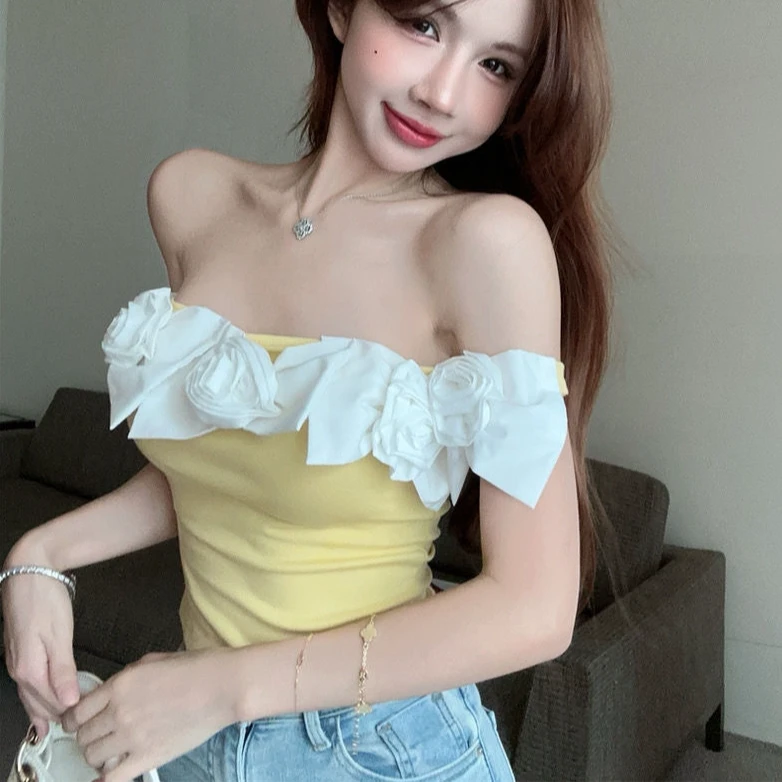 纯欲风蕾丝花边吊带背心性感辣妹黄色显白蝴蝶结拼接上衣一字肩