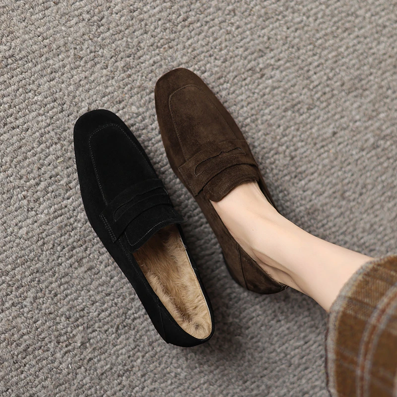 成都手工加绒豆豆鞋女2024秋冬新款复古真皮乐福鞋磨砂软底毛毛鞋