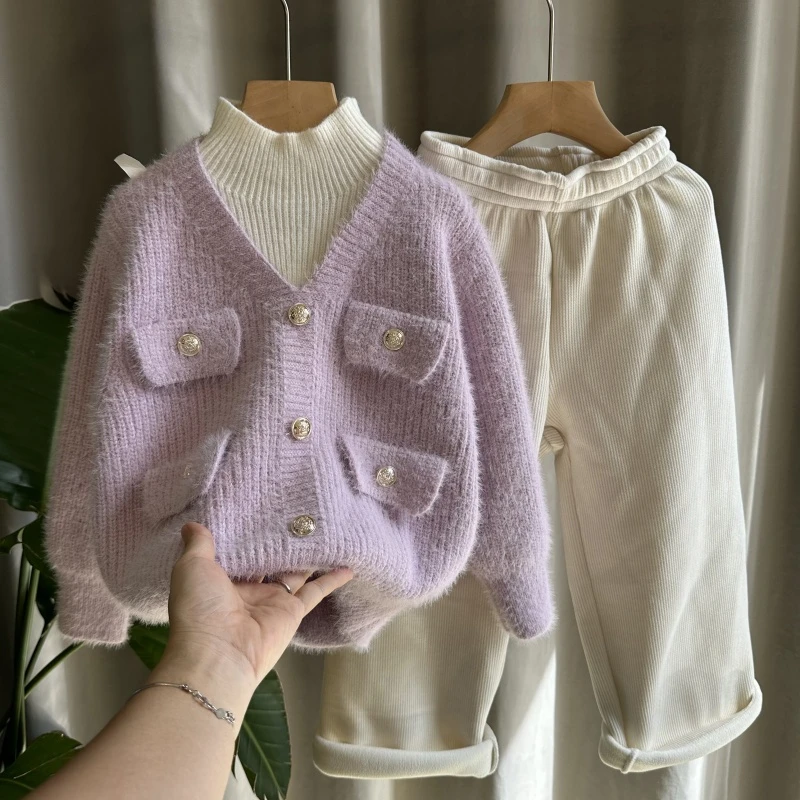 女童套装儿童加厚毛衣一体绒裤子两件套小女孩上衣小香风毛衣洋气