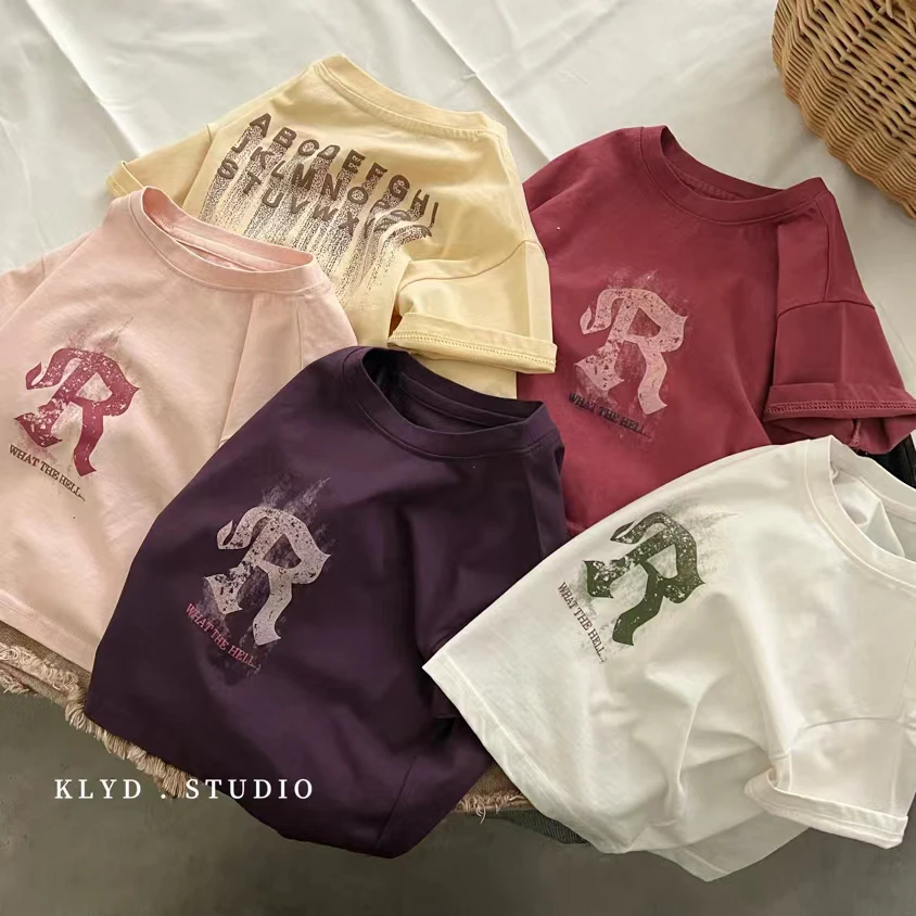 W2-2。018夏季儿童t恤百搭圆领纯棉宽松休闲韩版复古