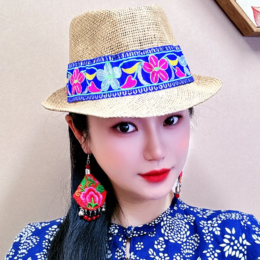 民族风帽子夏季手工刺绣料镂空透气草帽度假爵士帽礼帽沙滩遮阳帽