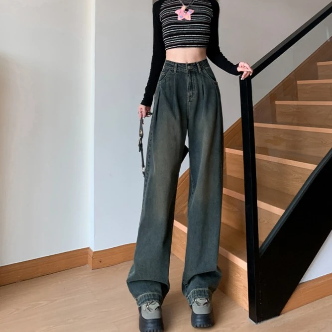 水泥灰高腰宽松显瘦牛仔裤2024春秋季季百搭复古拖地裤阔腿长裤子