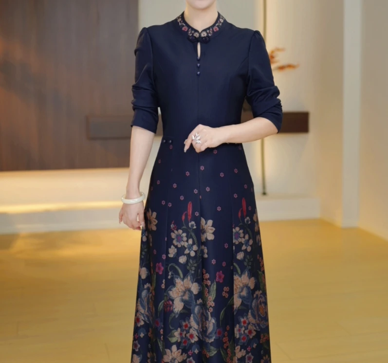 气质旗袍显瘦长袖复古时尚2025新中式裙子女秋季蓝色92805