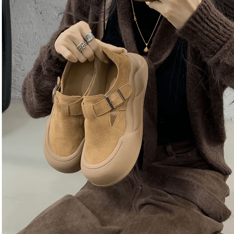 勃肯鞋女2024新款休闲百搭金属扣防滑厚底单鞋磨砂软皮透气板鞋子