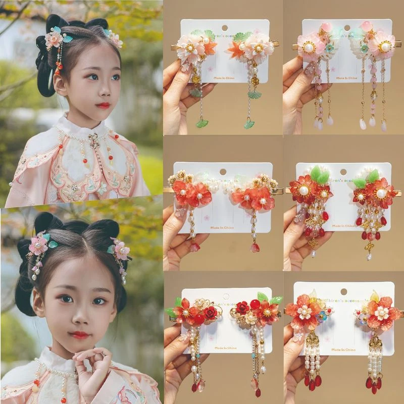 红色儿童流苏发饰女童古风花朵发夹汉服发饰喜庆发夹子古装边夹发