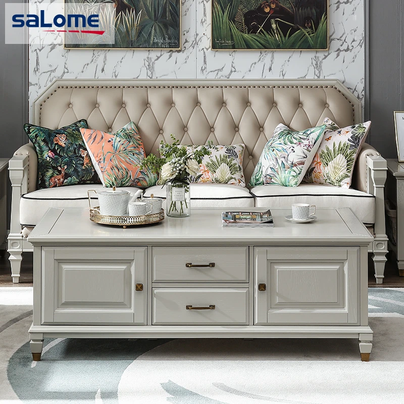 美式纯全实木大茶几电视柜组合简约轻奢茶水桌欧式客厅家用高级灰