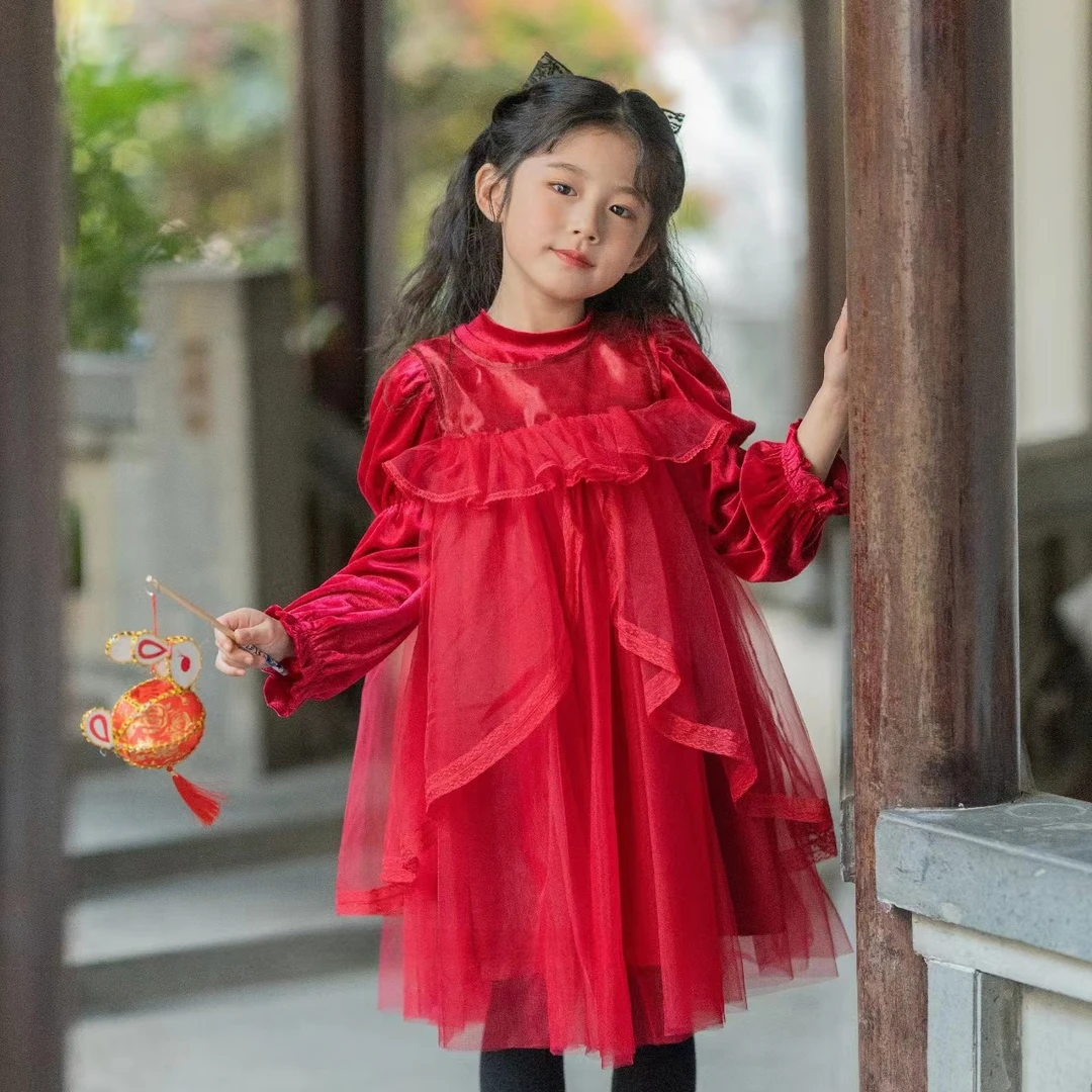 新款秋冬年装两件套连衣裙韩国绒拼接网纱公主女中小童拜年服8007