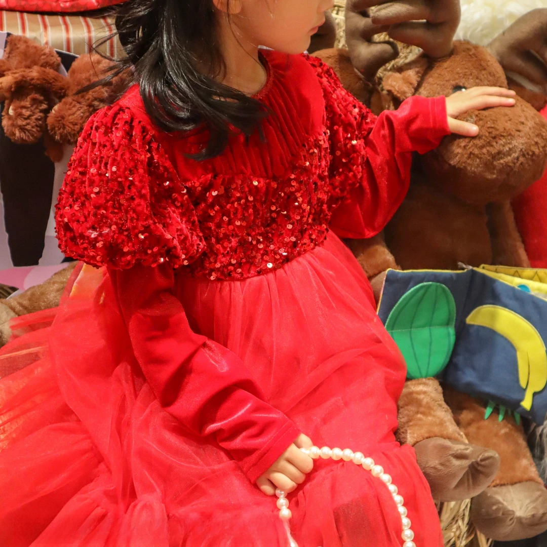 新款冬季年装公主泡泡袖连衣裙网纱珠片超喜庆拜年服女宝裙子8029