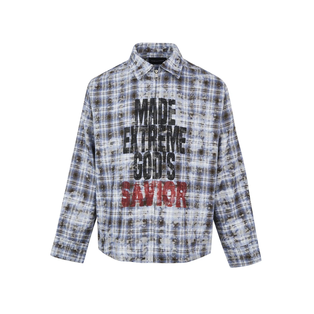 休闲时尚外装秋冬字母印花拉链格子衫长袖外套美式做旧个性男装