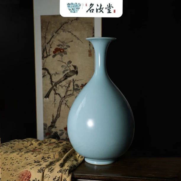 名汝堂·原产地玛瑙入釉汝窑 天青色纯手工大玉壶春瓶(高度46cm）