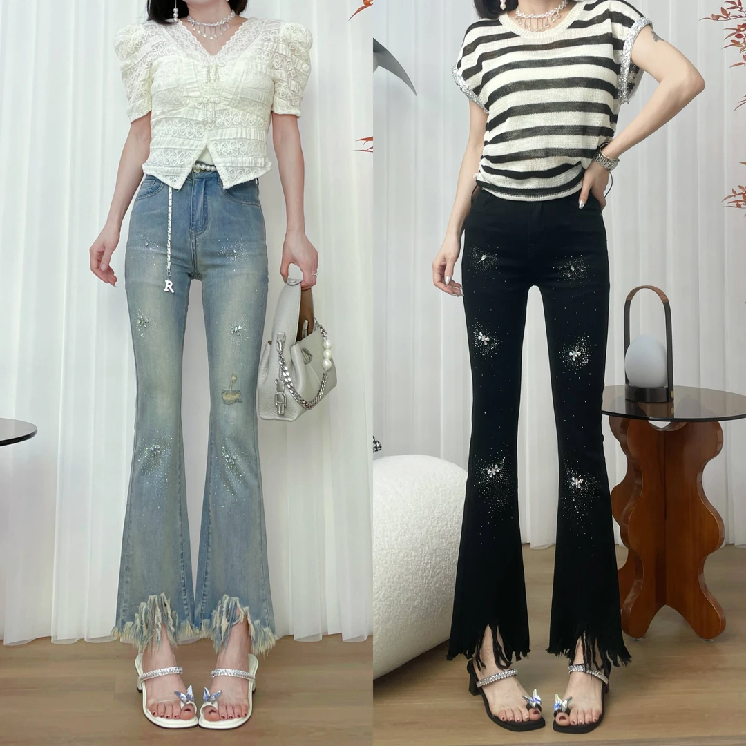 2024重工镶钻喇叭裤女夏季薄款显瘦高腰时尚九分裤牛仔裤8934