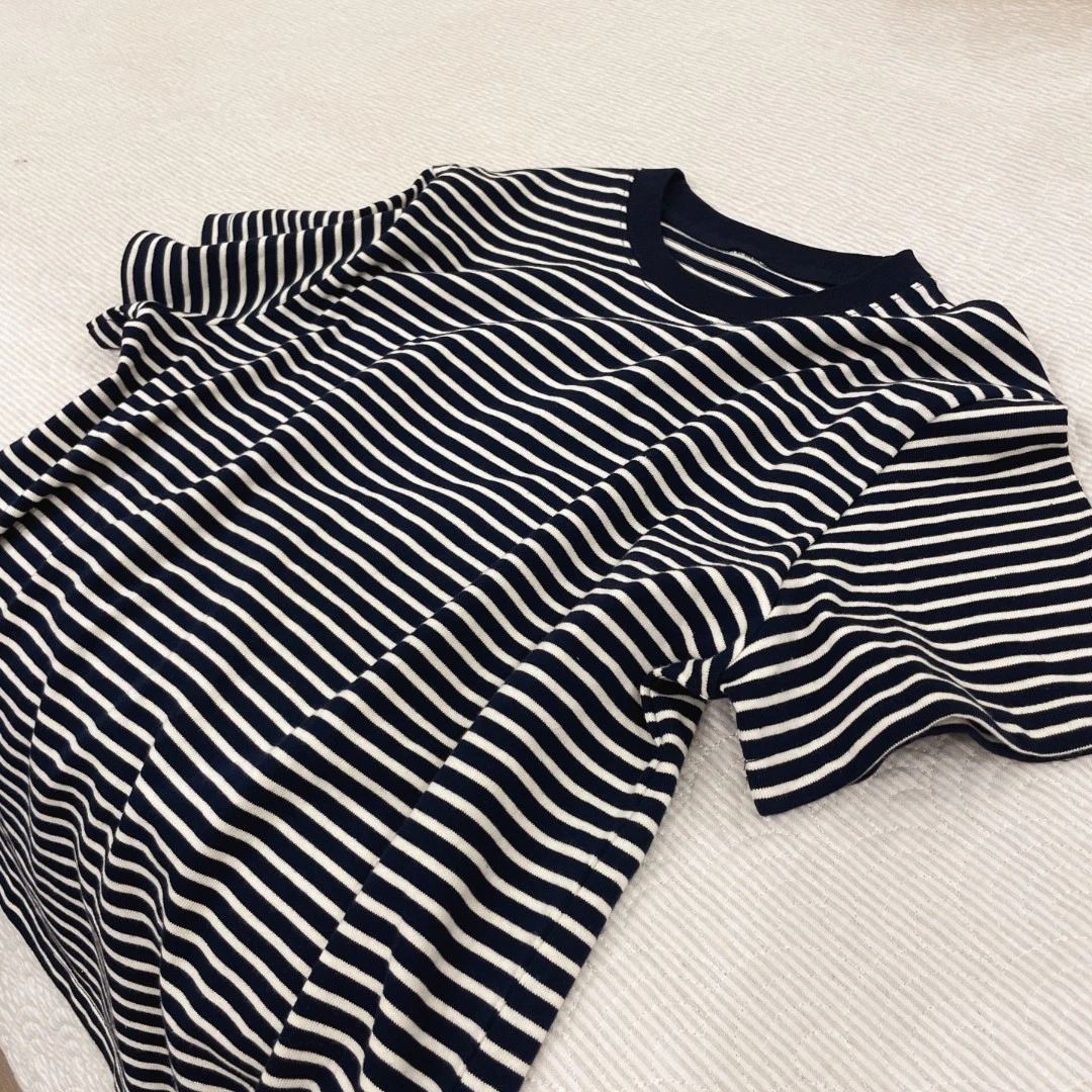 【细条纹t】经典百搭藏蓝条纹圆领短袖舒适纯棉休闲T体恤精品