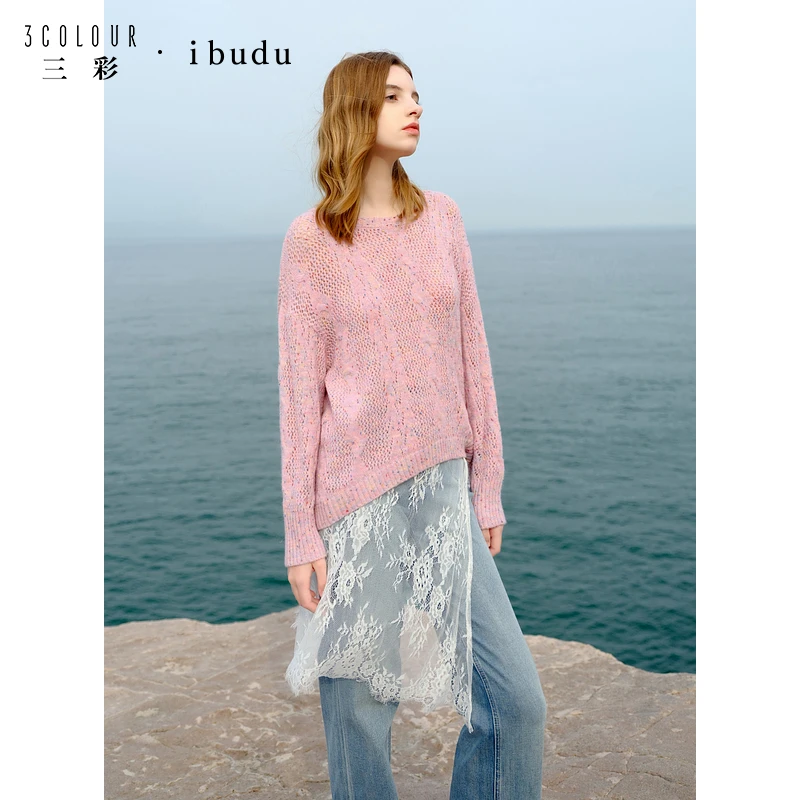 【品牌福利】三彩ibudu2024秋季新款肌理绞花针织衫圆领长袖dbq