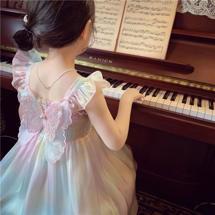 女童公主裙夏装2024新款儿童网红蝴蝶结渐变彩虹吊带裙女孩连衣裙