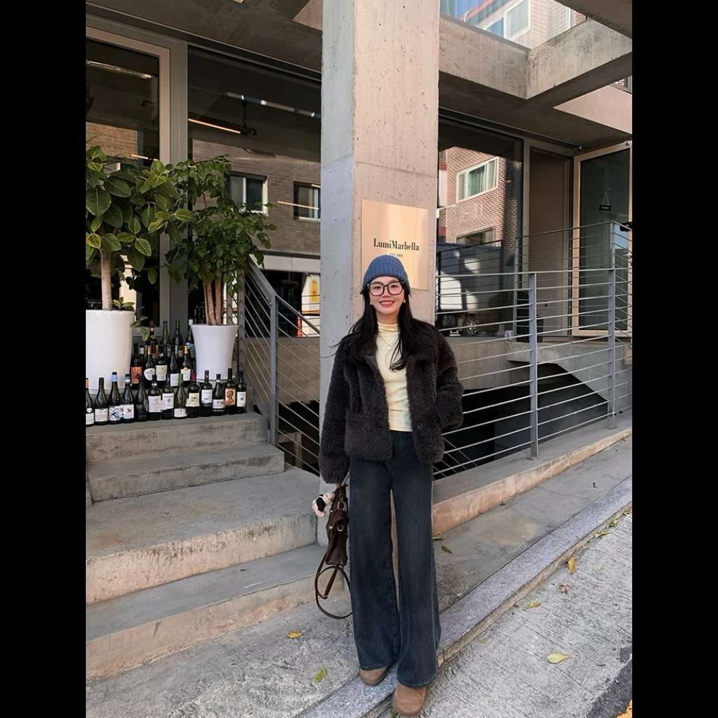 QIMO启茉（A9210#Y小标阔腿牛仔裤（加绒）蓝色