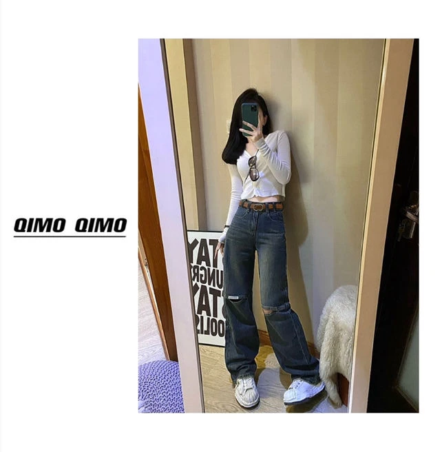 QIMO启茉（A411853#Q流行风牛仔裤（配皮带）复古蓝