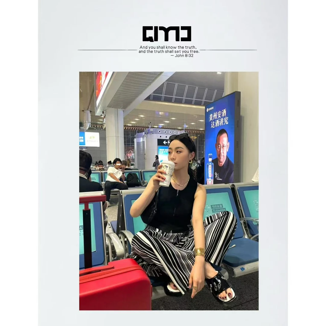 QIMO启茉（A045504#竖条纹阔腿裤）黑白