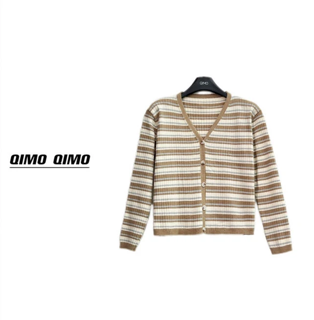 QIMO启茉（A07051#x撞色条纹开衫）卡其色