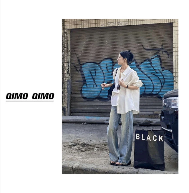 QIMO启茉（A453853#Q侧刺绣阔腿牛仔裤）蓝色