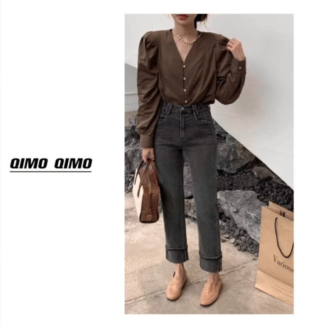 QIMO启茉（A108603#M高腰烟管牛仔裤）蓝色