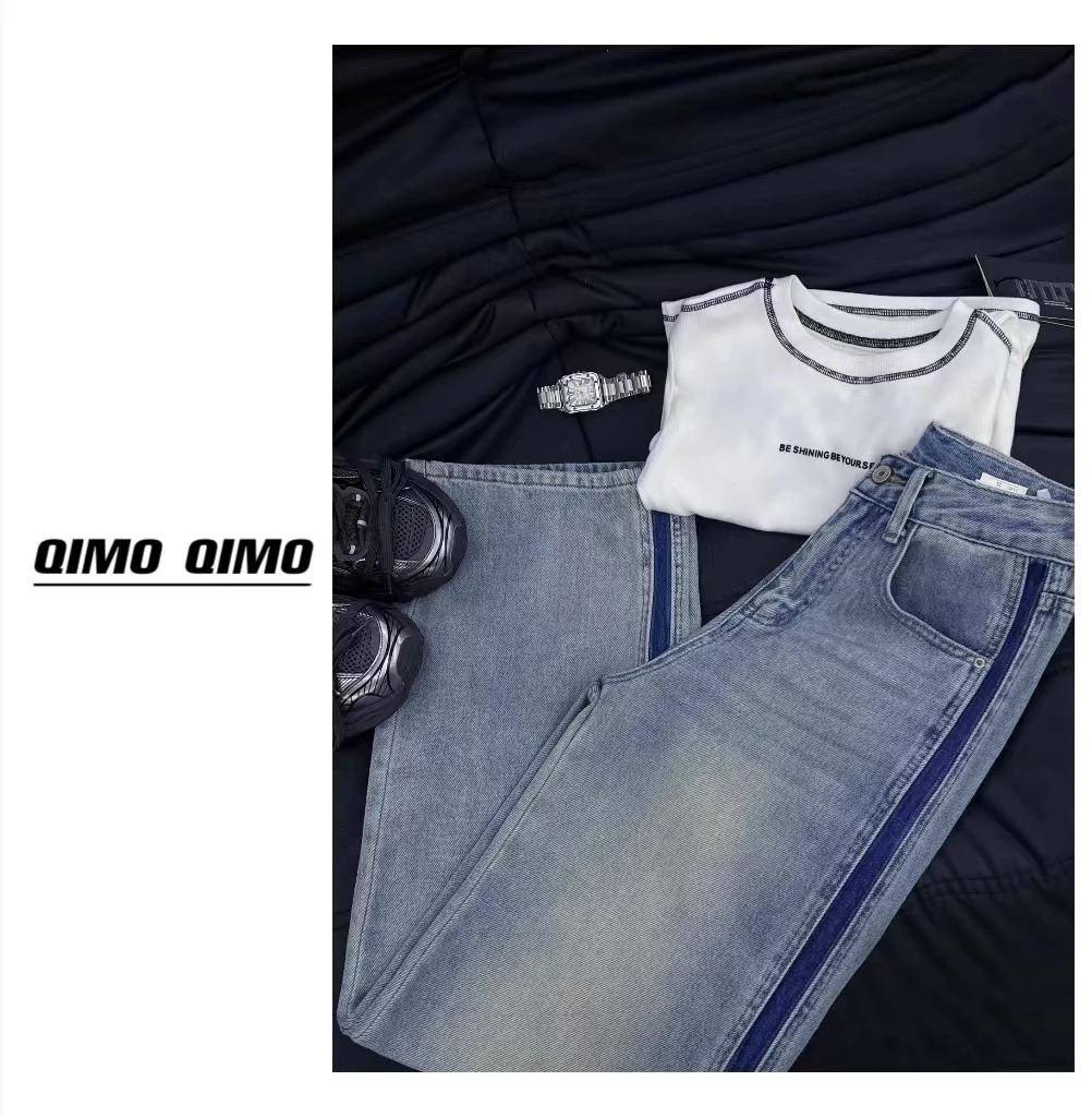 QIMO启茉（A7827#Q侧拼接阔腿牛仔裤）浅蓝色