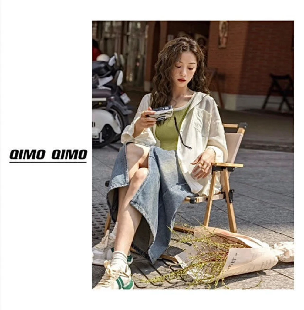 QIMO启茉（A651003#i开叉牛仔半身裙）蓝色