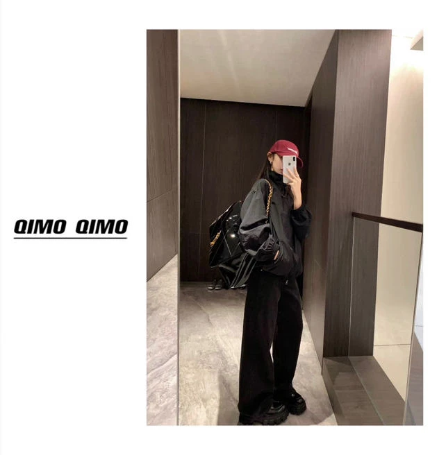 QIMO启茉（A716253#Q皮标牛仔阔腿裤）黑色