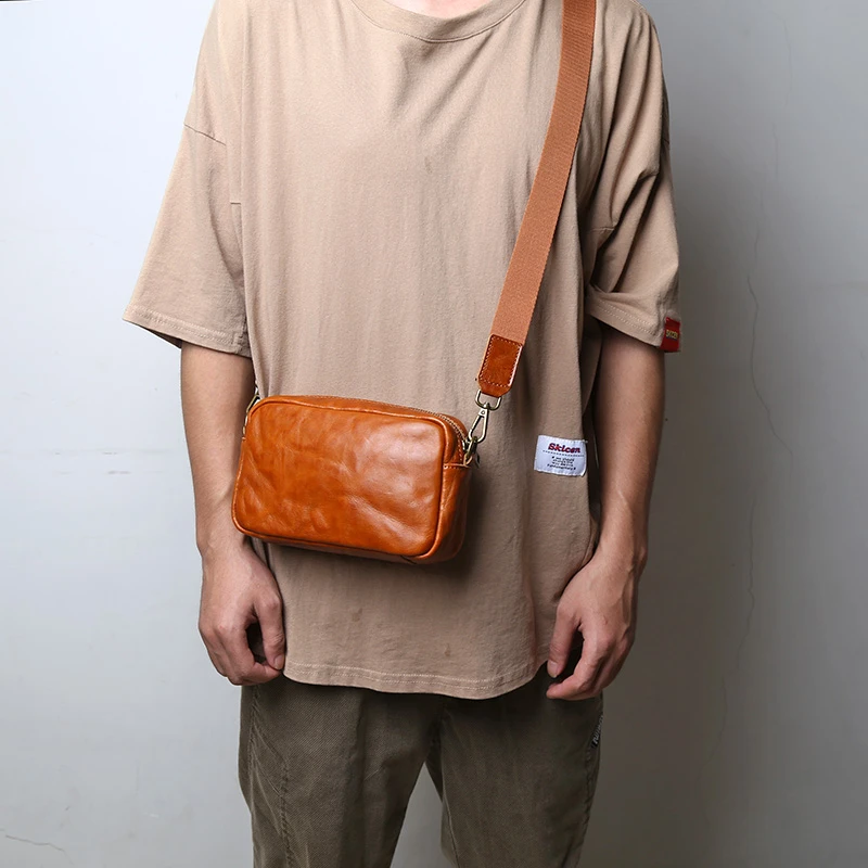 男士手抓纹植鞣头层牛皮横款单肩斜挎包休闲复古小背包潮牌单肩包