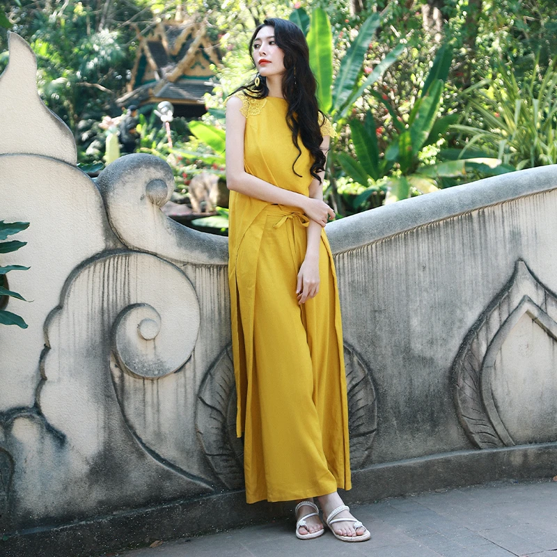 【双12同价-简兮裤子-现货】杨丽萍设计民族风棉麻显瘦黄阔腿裤