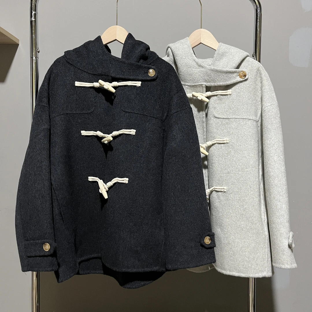 韩系//双面羊毛//牛角扣中款大衣外套