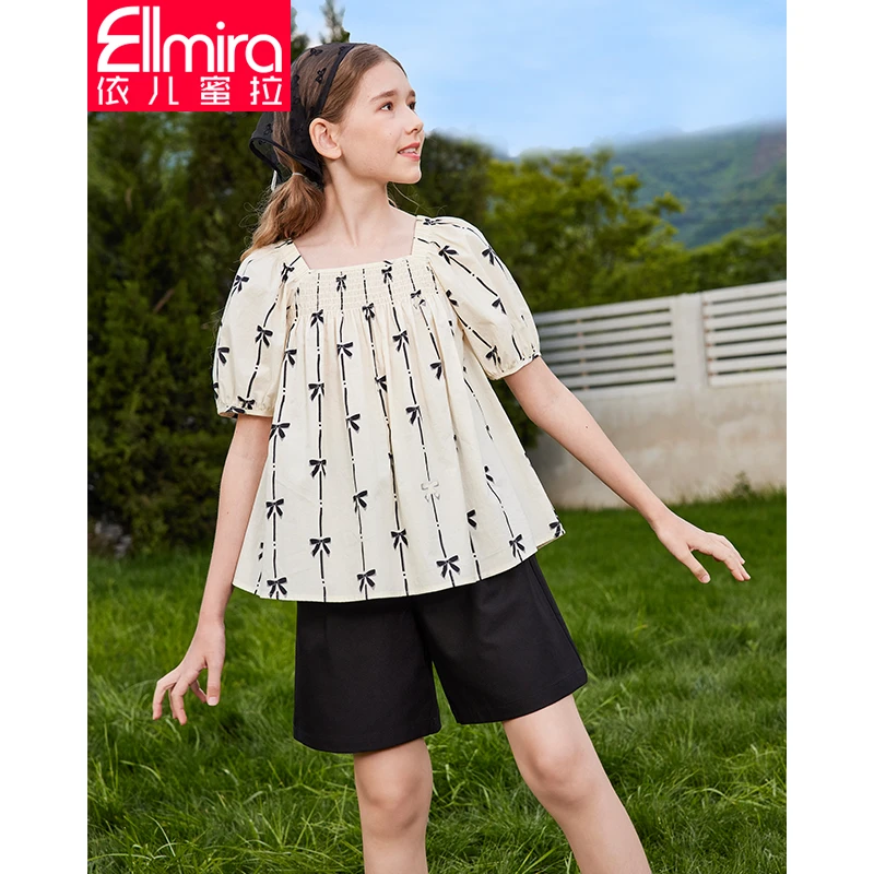 8369女童娃娃衫泡泡袖甜美儿童上衣方领小衫甜美2024新款夏季洋气