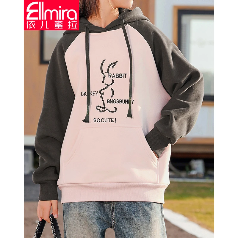 7960加绒加厚卫衣2023新款拼接连帽洋气潮冬季休闲韩版宽松