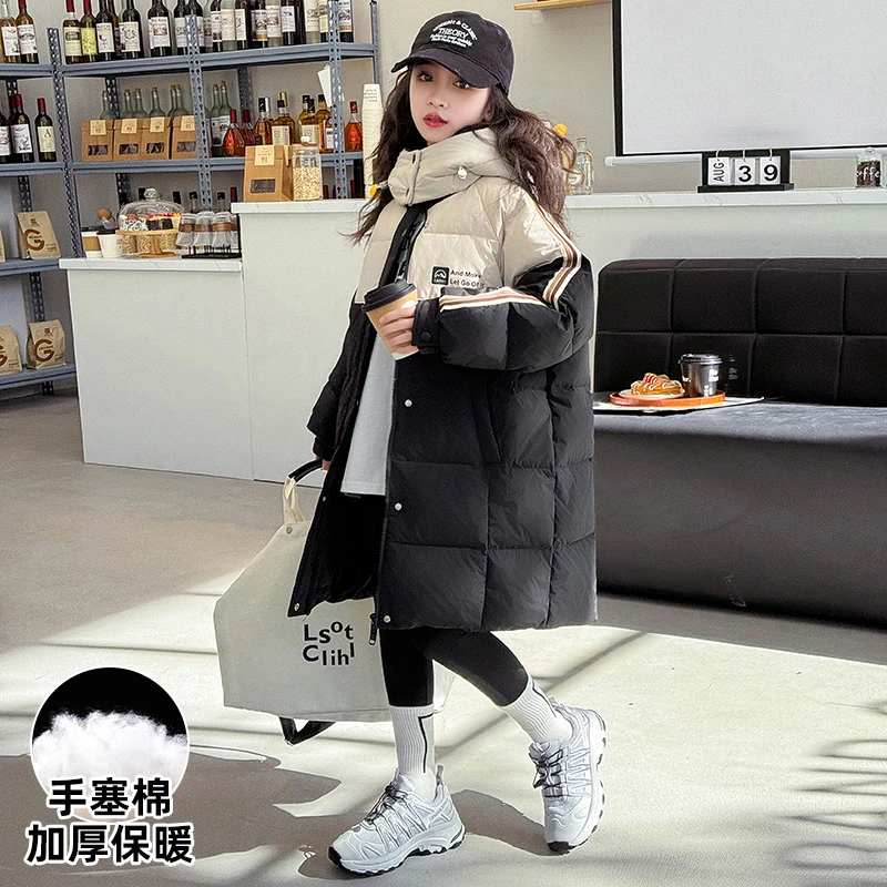 女童棉服冬装洋气儿童装加厚中长款羽绒棉衣大童撞色连帽棉袄外套