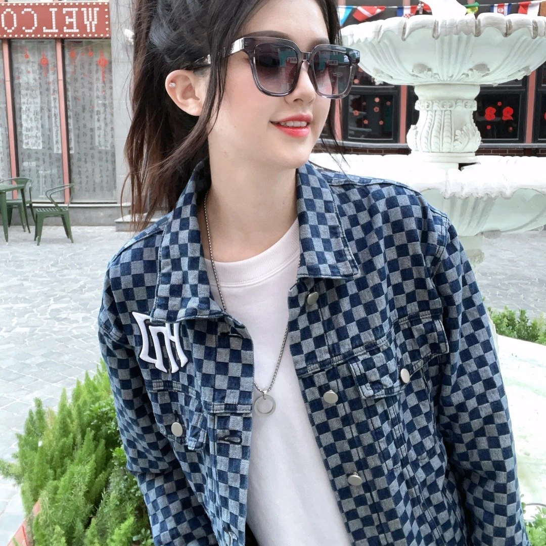 PNJ春季2025新款棋盘格长袖牛仔复古休闲时尚宽松韩系潮牌外套C