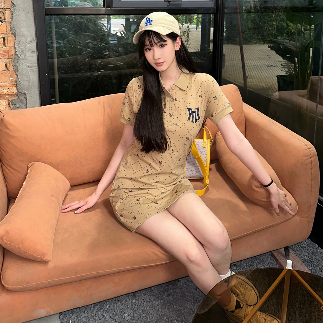 2024春夏连衣裙潮印花满印潮牌ins百搭半袖裙子polo中长裙2034